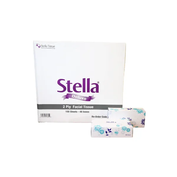 Stella Rectangular Facial Tissue boxes next to its carton