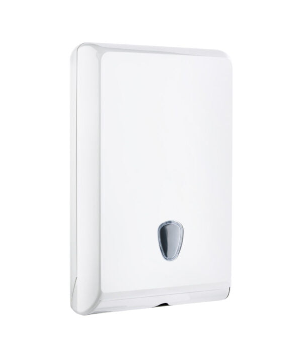 White slim and ultra slim paper towel dispenser with see through window. Extra-large for storing more paper towels.