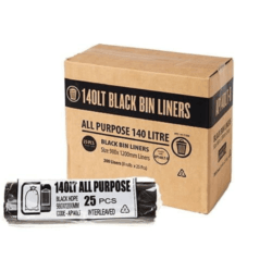 A roll of 140 Litre Black Austar All Purpose Bin Liners next to its carton