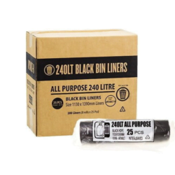 A roll of 240 Litre Black Austar All Purpose Bin Liners next to its carton