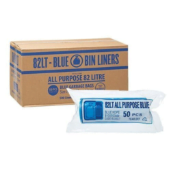 A roll of 82 Litre Blue Austar All Purpose Bin Liners next to its carton