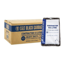 A pack of 55 Litre Austar Contractor Bin Liners next to its carton