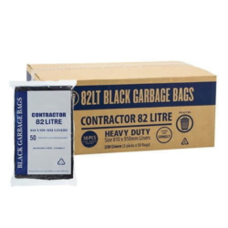 A pack of 82 Litre Austar Contractor Bin Liners next to its carton