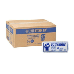 A roll of 27 Litre White Austar Kitchen Tidy Liners next to its carton