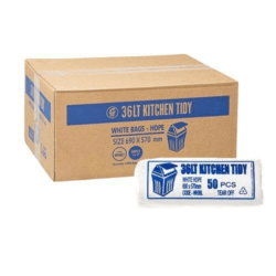 A roll of 36 Litre White Austar Kitchen Tidy Liners next to its carton