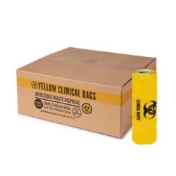 A roll of Austar Clinical Waste bags next to its carton