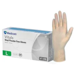 A box of Medicom Vinyl Gloves Powder Free with a sample glove