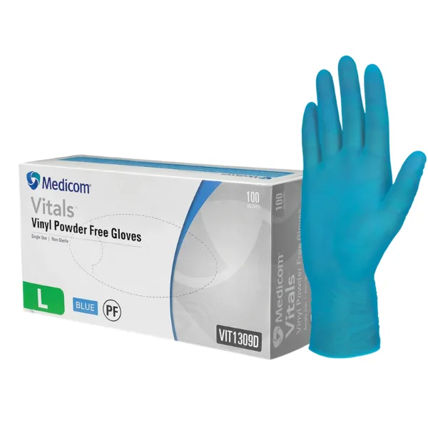 A box of Medicom Vinyl Gloves Blue Powder Free with a sample glove